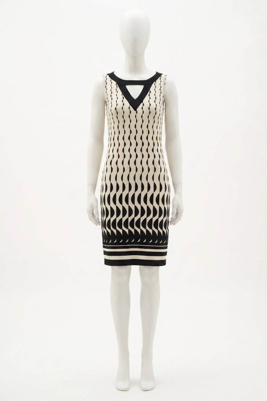 NEW JOSEPH RIBKOFF geometric print sheath dress in beige/black